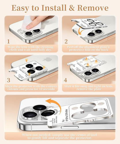 GolbinBox Camera Lens Protector for iPhone 15 Pro/15 Pro Max, 1:1 Invisible Fit, 9H Tempered Glass Ultra HD Metal Individual Camera Cover, Case Friendly, Silver