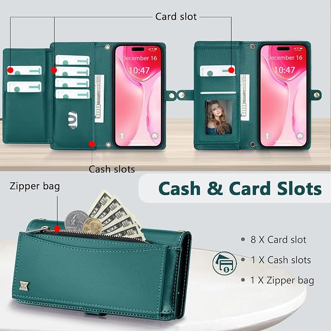 Wallet Case for iPhone 15 Plus with Card Holder/Crossbody Wallet/Strap| RFID Blocking | Magnetic | Kickstand | Detachable | PU Leather Phone Case for iPhone 15 Plus,6.7 in,Green