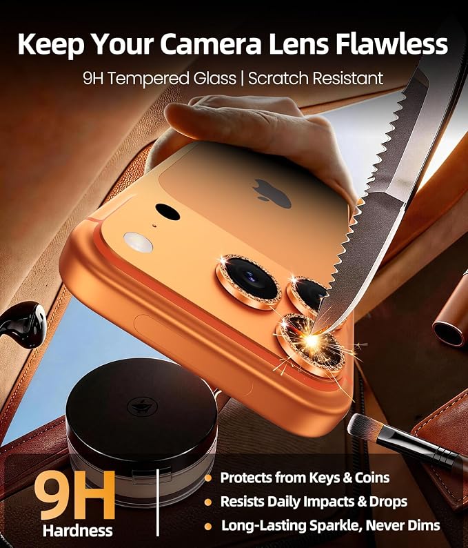 PandaShield 2-Pack Anti-Reflection Camera Lens Protector for iPhone 17/16/15 Pro & Pro Max, Easy Installation,9H Hardness,98% Ultra Clarity,Maintains Original Lens Design–Glitter Orange