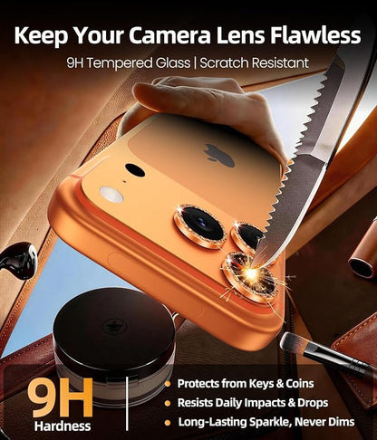 PandaShield 2-Pack Anti-Reflection Camera Lens Protector for iPhone 17/16/15 Pro & Pro Max, Easy Installation,9H Hardness,98% Ultra Clarity,Maintains Original Lens Design–Glitter Orange