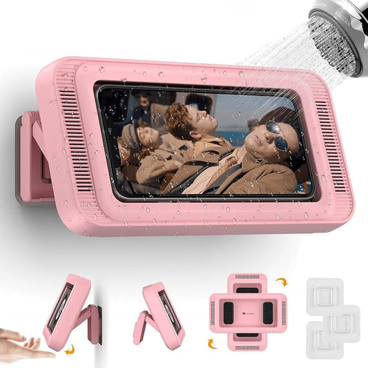 Mistriddle Waterproof Shower Phone Holder with 360° Rotation, Angle Adjustable, Enhanced Sound Quality, Wall Mounted Phone Holder for Bathroom Mirror Bathtub Kitchen, Up to 7 Inch(Pink)