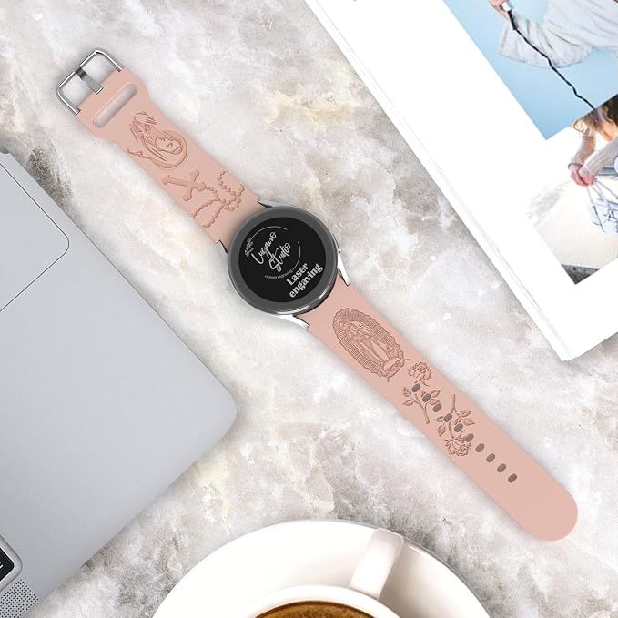 Virgin Mary Lady of Guadalupe Band compatible with Samsung Galaxy Watch Laser Engraved Silicone 20mm Strap 7/6/5/4 40mm 44mm/Watch 6 Classic Watch 4 46mm 42mm Jesus God Wristband Religious (Pink Sand)