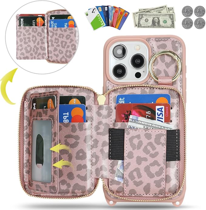 Crossbody Wallet Case for iPhone 14 Pro Max, PU Leather Zipper Handbag Purse Flip Cover, Kickstand Folio Case with Card Slots Holder Wrist Strap Lanyard 5G 6.7 Inch-Pink Leopard