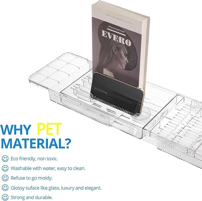 Expandable Bathtub Tray,Clear Plastic Anti-Slip Bath Tub Shelf Caddy Tray,Luxury Bathtub & Bathroom Accessories for Relaxing Spa,Suitable for bathtubs with an Internal Width of up to 29.5 inch