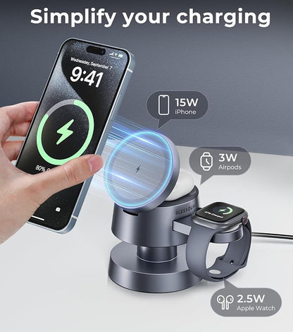 4-in-1 Magnetic Wireless Charging Station for iPhone 17/16/15/14 Pro Max, with Night Light Wireless Charging Station Fast Charging for Apple Watch, Earphones & Multiple Devices