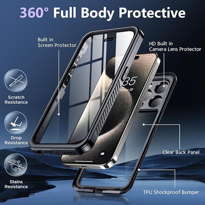 SPIDERCASE for iPhone 15 Pro Case Waterproof, [Built-in Lens & Screen Protector] IP68 Underwater, Full Body Sealed Protection [12FT Military Shockproof] Dustproof for iPhone 15 Pro Case 6.1", Black