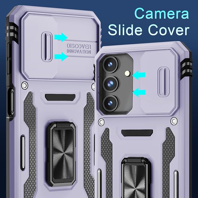 DEERLAMN Case for Samsung Galaxy A15 5G with Slide Camera Cover+Screen Protector (1 Pack), Rotated Ring Kickstand Military Grade Shockproof Protective Cover-Light Purple