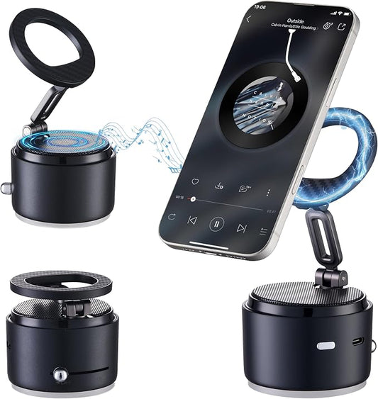 Car Phone Holder for Magsafe with Wireless Bluetooth Speaker, Cell Phone Stand HD Surround Sound Perfect for Home and Outdoors with Bluetooths Speakers for Desk Compatible with iPhone/Samsung Galaxy