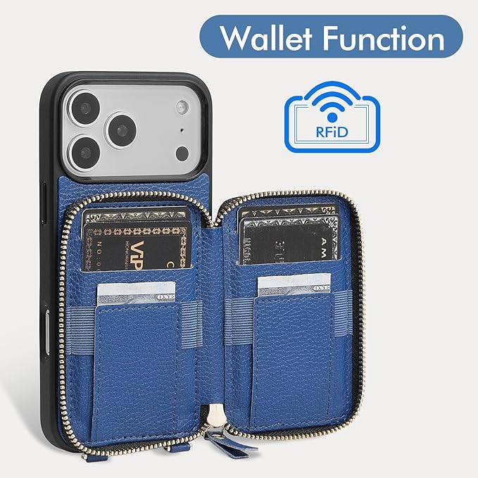 ZVE for iPhone 17 Pro Max Case Wallet, RFID Blocking Crossbody Leather Cover with Card Holder for 6.9" Blue