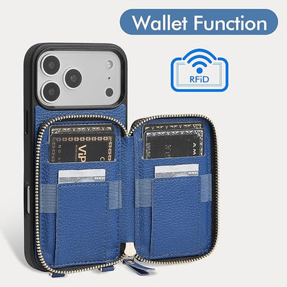 ZVE for iPhone 17 Pro Max Case Wallet, RFID Blocking Crossbody Leather Cover with Card Holder for 6.9" Blue