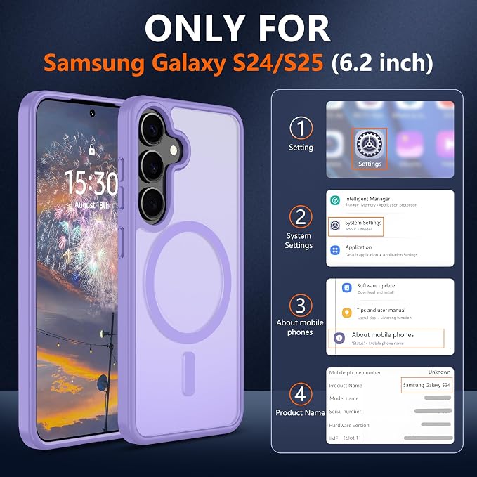 For Samsung Galaxy S24 Case & Galaxy S25 Case [Compatible with Magsafe] Translucent Matte Magnetic Phone Case,Slim Thin Duty Shockproof Protection with 2pc Screen Protector for S24/S25-Light purple