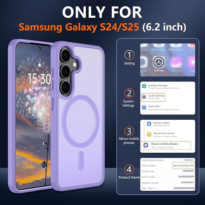 For Samsung Galaxy S24 Case & Galaxy S25 Case [Compatible with Magsafe] Translucent Matte Magnetic Phone Case,Slim Thin Duty Shockproof Protection with 2pc Screen Protector for S24/S25-Light purple