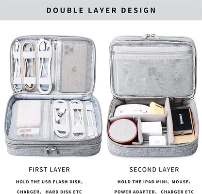 mygreen Electronic Accessories Organizer Bag, Waterproof Double Layer Travel Storage Case with Adjustable Padded Dividers, Portable Hard Pouch for Cables, Charger, Power Bank, Phone, Hard Drive Gray