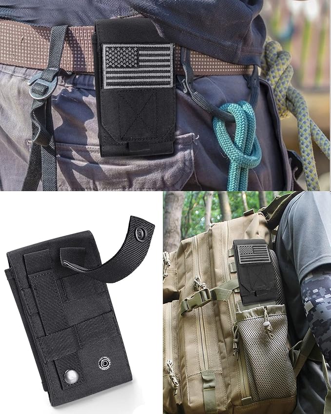 Black Tactical Molle Cellphone Pouch Case,Heavy Duty Waterproof Phone Holster Bag for iPhone 11 12 13 Pro Max for Samsung S22 S21 S20 FE Note 20 A13 A12A02S Less 6.7" Phone with US Flag Patch