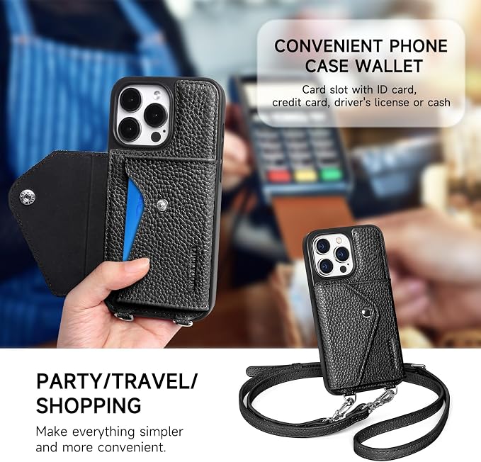 LUCKYCOIN for iPhone 15 Pro Crossbody Wallet Case – Genuine Leather Phone Purse with Adjustable Strap and Card Holder,Lanyard Phone Purse Case for Women,Pebble Grain Black