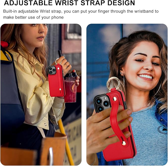 Folosu for iPhone 16 Pro Max Wallet Case with Card Holder, Hand Wrist Strap Loop Holder Kickstand, RFID Blocking Finger Grip Ring PU Leather Double Buttons Shockproof Cover 6.9" Red