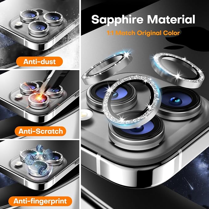 Camera Lens Protector for iPhone 17 Pro Max/17 Pro/16 Pro Max/16 Pro/15 Pro Max/15 Pro/14 Pro Max/14 Pro,Tempered Glass Metal Individual Camera Cover[Anti-drop] Case Friendly- Glitter Silver