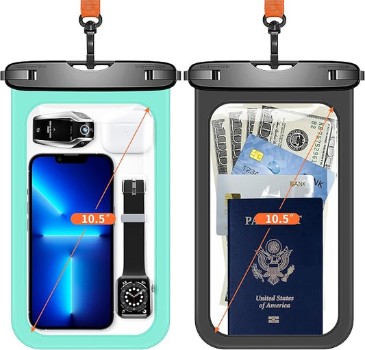 Lanhiem Large Waterproof Phone Pouch [Up to 10.5"] Universal IPX8 Waterproof Dry Bag with Lanyard for iPhone 17 Pro Max /16/15, S25 Ultra/ S24/ S23 Plus/FE, Moto G/Pixel 10 9 8 Pro, Black+Green