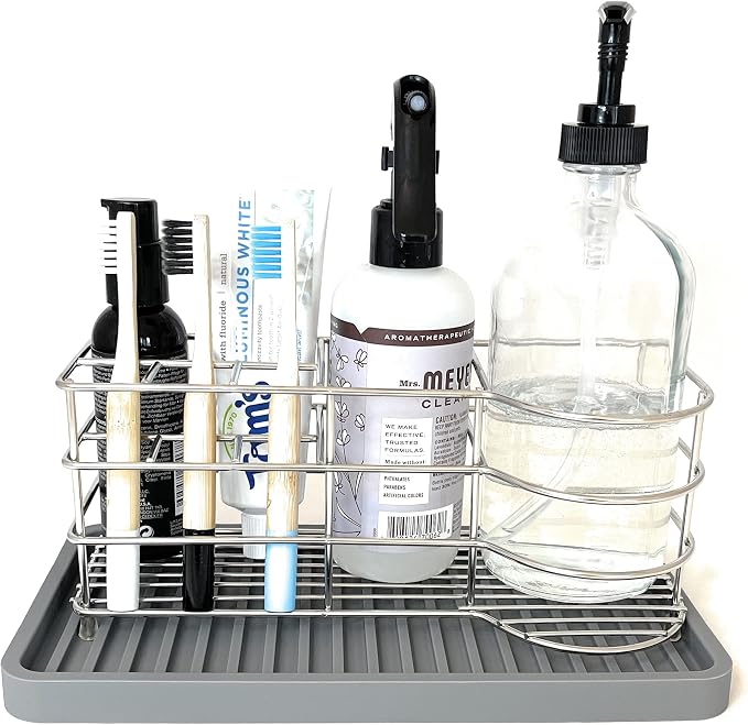 Happitasa Silicone Kitchen Sink Organizer Tray, Sponge Holder and Countertop Protector | Bathroom and Kitchen Soap Dish and Dispenser Tray (Grey, 10"x5.25")