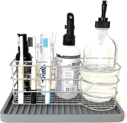 Happitasa Silicone Kitchen Sink Organizer Tray, Sponge Holder and Countertop Protector | Bathroom and Kitchen Soap Dish and Dispenser Tray (Grey, 10"x5.25")