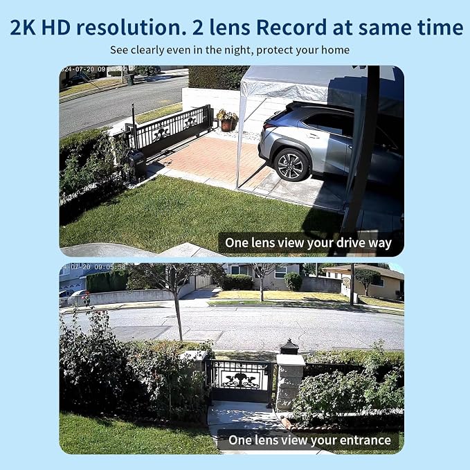 Dual Lens Security Camera Outdoor,WiFi Camera for Home Security,Home Survaillance Outdoor,PTZ,2-Way Audio, Auto Tracking,Night Vision,24/7 Continous Record,IP65 Weather Proof