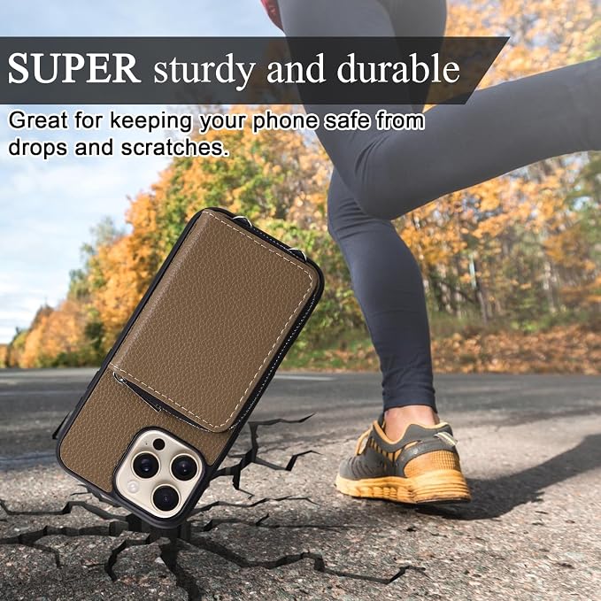 XANGNIER Wallet Case for iPhone 15 Pro Max, RFID Blocking PU Leather Crossbody Phone Purse with Card Holder, Zipper Pocket, Wrist Strap & Adjustable Lanyard for Women 6.7" 5G, Brown