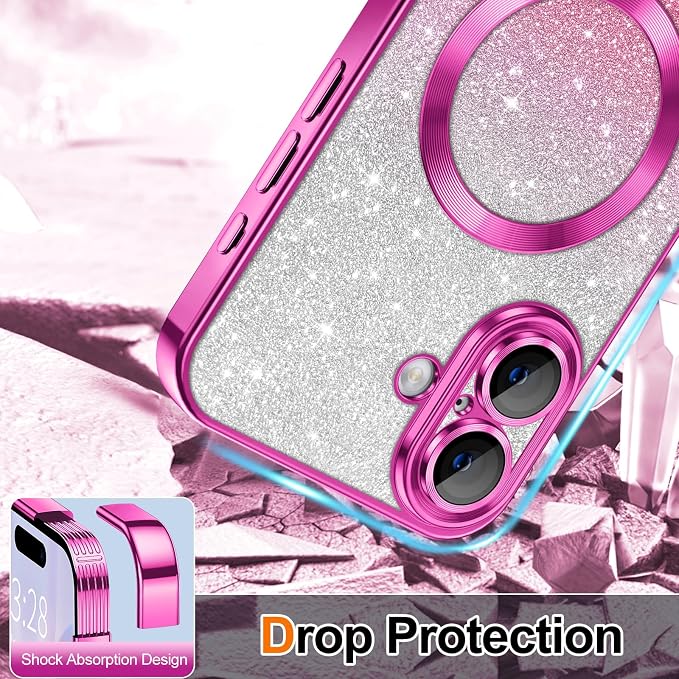 Hython for iPhone 17 Case Glitter Clear Magnetic Phone Cases [Compatible with MagSafe] Full Camera Lens Protector Sparkle Luxury Plating Slim Shockproof Protective Cover, Gradient Hot Pink