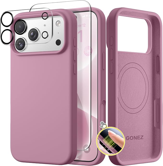 GONEZ Magnetic for iPhone 17 Pro Case, Compatible with MagSafe, [Screen Protector + Camera Lens Protector], Liquid Silicone Anti-Scratch Shockproof Protective Phone Case 6.3 inch, Blackcurrant