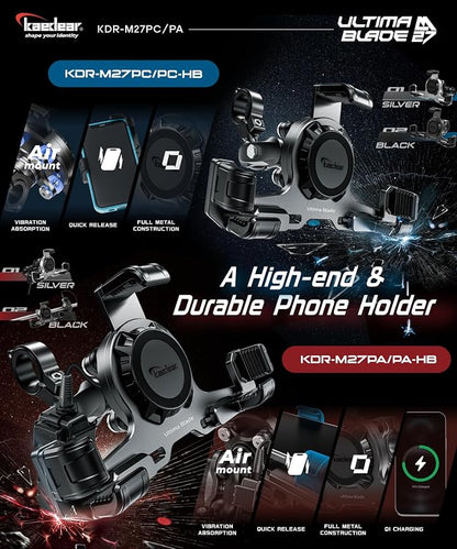 Kaedear Motorcycle Phone Mount, Aluminum, Premium Phone Holder, Anti-Vibrations, Quick Release Button, Durable, Anti-Theft Mount, Ultima Blade KDR-M27PC-BK (Black)