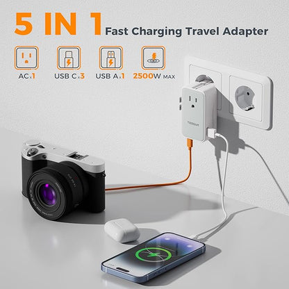 TESSAN Universal Travel Adapter 70W, Type C G A I | Ultra Thin, 4 USB Ports (3 USB C), Worldwide Plug for US to European UK Australia Spain France Ireland