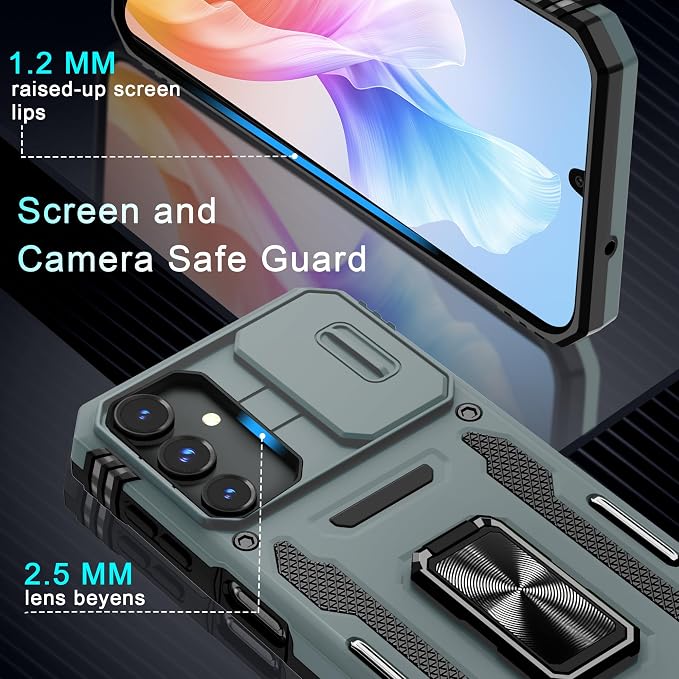 DEERLAMN Case for Samsung Galaxy A15 5G with Slide Camera Cover+Screen Protector (1 Pack), Rotated Ring Kickstand Military Grade Shockproof Protective Cover-Grey