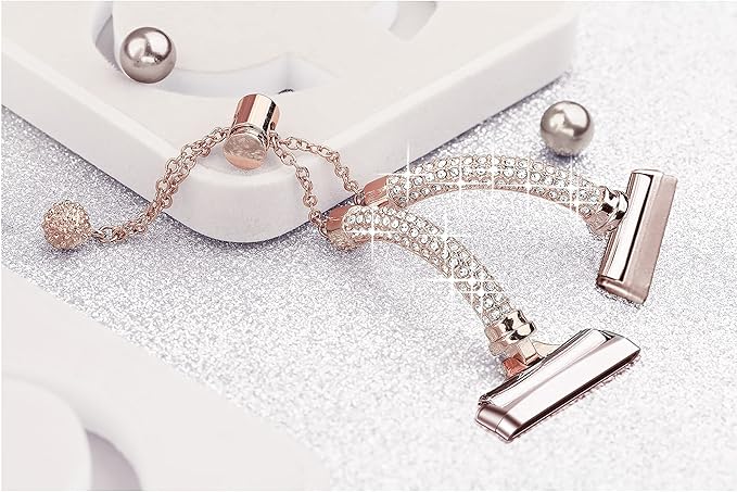 Bling Band And Case Compatible with Fitbit Versa 3/ Fitbit Sense for Women,Stainless Steel Metal Wristband Replacement for Fibit Sense/Versa 3 (Rose Gold)