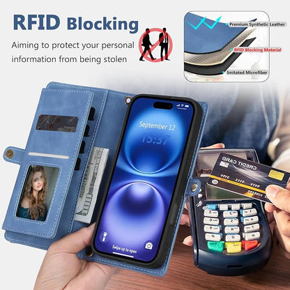 Wallet Case for iPhone 16 with Card Holder/Crossbody Wallet/Strap| RFID Blocking | Magnetic | Kickstand | Detachable | PU Leather Phone Case for iPhone 16,6.1 in,Sky Blue