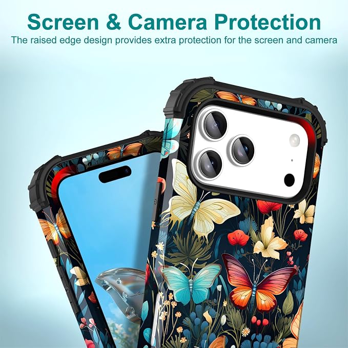 Hocase for iPhone 17 Pro Max Case, Heavy Duty Shockproof Protection Soft Silicone Rubber+Hard Plastic Bumpers Hybrid Protective Case for iPhone 17 Pro Max 2025 - Joyful Butterfly