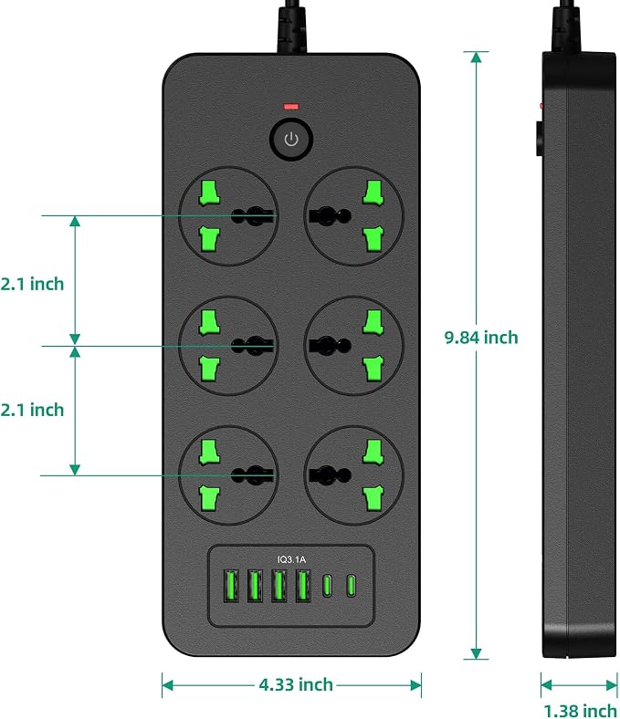 Power Strip with 6 Universal Outlets 4 USB 2 USB C Ports, 3.1A, Overload Protection, 3000w, 110-240v, International Power Adapter for Home Office Travel Essentials, EU Plug, Black