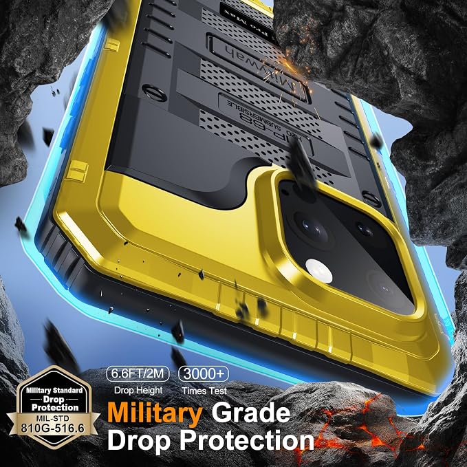 Mitywah Waterproof Case for iPhone 16 Pro Max, Heavy Duty Metal Cover with Built-in Screen Protector, Military Grade Full Body Shockproof Rugged Protective Phone Case 6.9 inch, Yellow