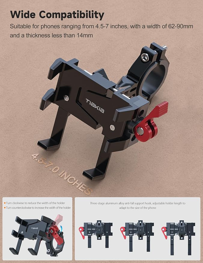 Tiakia Bike Phone Mount Holder, Aluminum Motorcycle Phone Mount, Handlebar Mounted Cell Phone Holder for Bike, 360° Rotation, Universal Bicycle Phone Mount for 4.5-7 Inch Phones (Upgrade-Black Red)