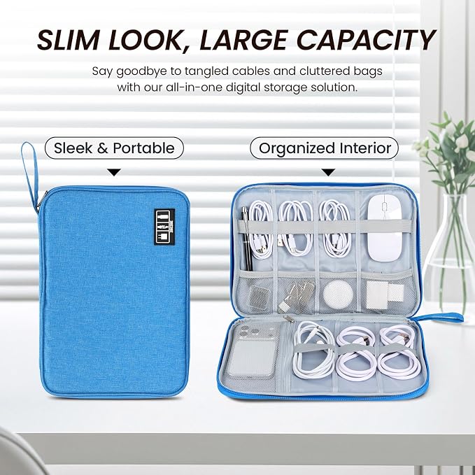 Large Slim Cable Organizer Travel Case, Single-Layer Electronic Accessories Pouch for Chargers, Cords, Power Bank, Mouse and SD Cards, 12.6 x 9.45 x 1.57 Inches