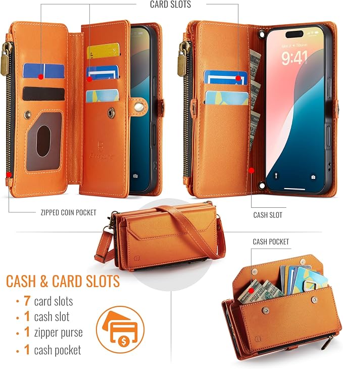 Strapurs Wallet Case Compatible with iPhone 16 6.1" RFID Blocking 7-Card Holder Soft PU Leather Magnetic Snap Shoulder Strap Zipper Pocket Phone Case Fit for iPhone 16 for Women - Orange
