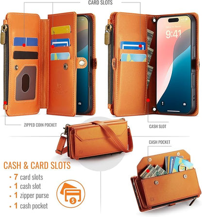 Strapurs Wallet Case Compatible with iPhone 16 6.1" RFID Blocking 7-Card Holder Soft PU Leather Magnetic Snap Shoulder Strap Zipper Pocket Phone Case Fit for iPhone 16 for Women - Orange
