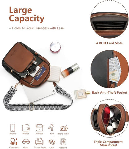 Anti Theft Crossbody Bags for Women,RFID Sling Bag Travel Purse,Vegan Leather Cross Body Purses Chest Bag for Travel(Black+Brown) | Multi-Pocket, Structured bag, Any Occasion