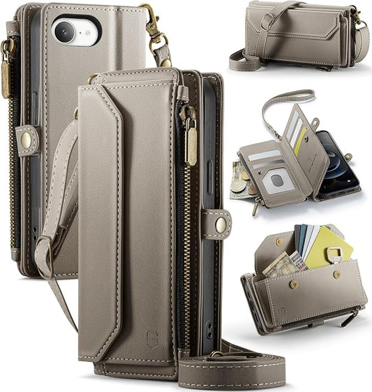 Strapurs Crossbody Wallet Case Compatible with iPhone 17e / iPhone 16e RFID Blocking 7-Card Holder PU Leather Magnetic Snap Shoulder Strap Zipper Pocket Phone Cases for iPhone 17e / 16e - Grey