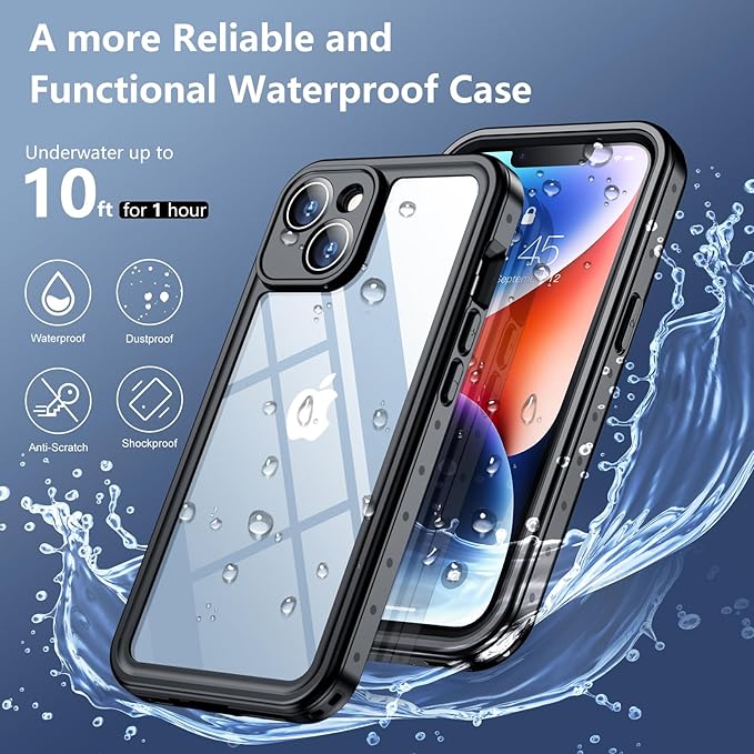 SPIDERCASE for iPhone 14 Case Waterproof, Built-in Lens & Screen Protector, Full Heavy Duty Protection, 12FT Military Shockproof, Dustproof, Anti-Scratched Phone Case,Black/Clear