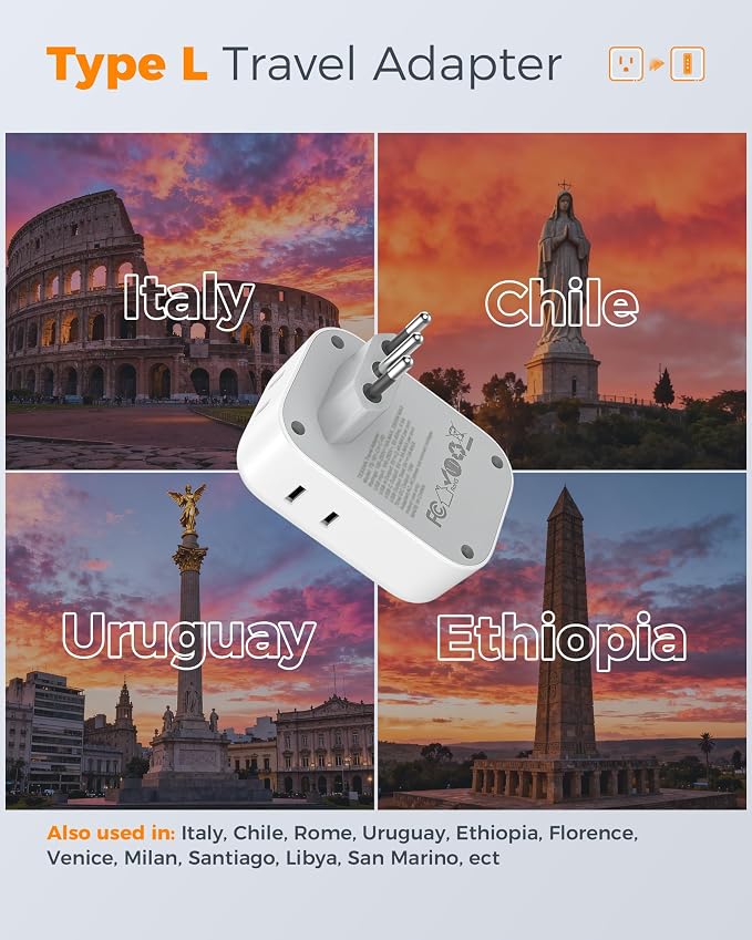 TESSAN Italy Travel Plug Adapter 2 Pack Type L | 4 Outlets, 2 USB C (1 with 20W PD), 1 USB A, For US to Italian Chile Rome Uruguay Milan Libya