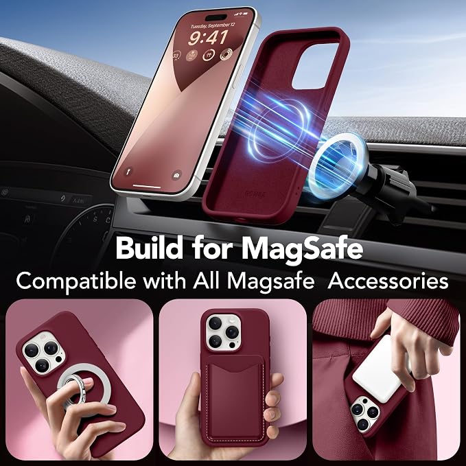 GONEZ Magnetic for iPhone 15 Pro Case, Compatible with MagSafe, [Screen Protector + Camera Lens Protector], Silicone Shockproof Anti-Scratch Protective Phone Case 6.1 inch, Maroon