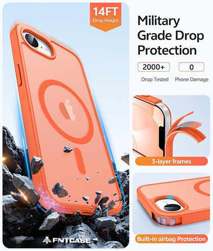 FNTCASE for iPhone 17e/ iPhone 16e Case, Fit for Magsafe, Screen Protector | Translucent Matte Magnetic Back, 14FT Military Grade Drop Protection, Shockproof Protective Phone Cover, Orange