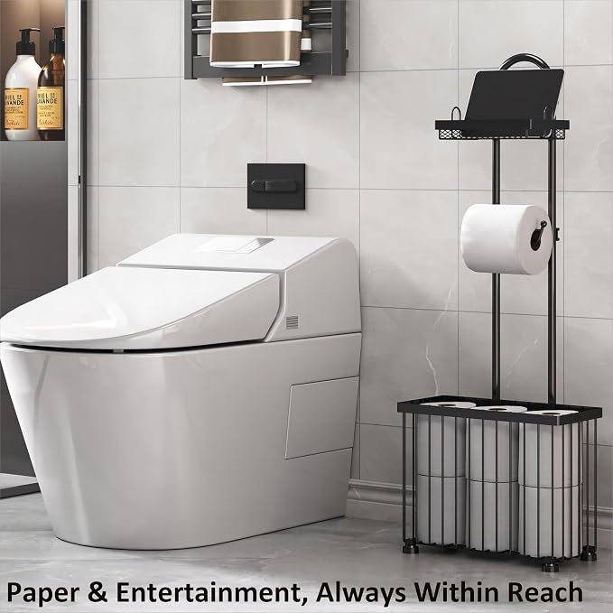 X-cosrack Freestanding Toilet Paper Holder Toilet Tissue Rack Scroll Stand Roll Dispenser with Storage Shelf Reserve for Phone Tablet Magazine Bathroom Organizer Bath Tissue Organizer (Black)