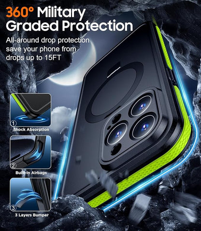 Temdan Magnetic for iPhone 15 Pro Case Waterproof, [Built-in Ring Invisible Stand & Screen Protector][IP68 Underwater][Dropproof][Dustproof][Real 360] Shockproof Protective Phone Case 6.1'' -Green