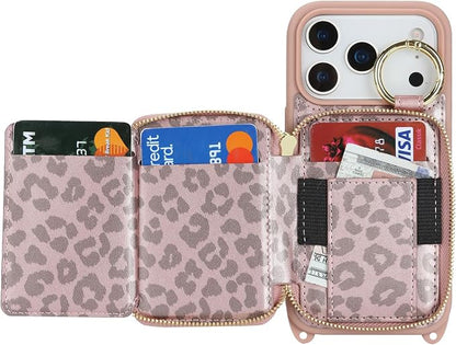 Crossbody Wallet Case for iPhone 17 Pro, PU Leather Zipper Handbag Purse Flip Cover, Kickstand Folio Case with Card Slots Holder Wrist Strap Lanyard 5G 6.3 Inch-Pink Leopard