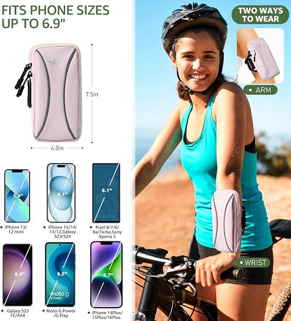 HiRui Arm Bag & Wrist Bag Phone Holder, Sports Running Armband for Gym, Cycling & Workout, Compatible with iPhone 17/16/15 Series, Samsung Galaxy & More, Reflective, Adjustable, Secure Fit (Pink)